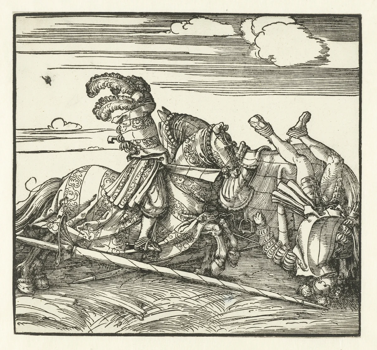 Twee ruiters in gevecht by Albrecht Dürer, print, 1517-1518