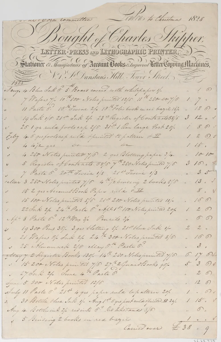 Trade Card for Charles Skipper, Letter Press and Lithographic Printer by anonymous, print, 1828