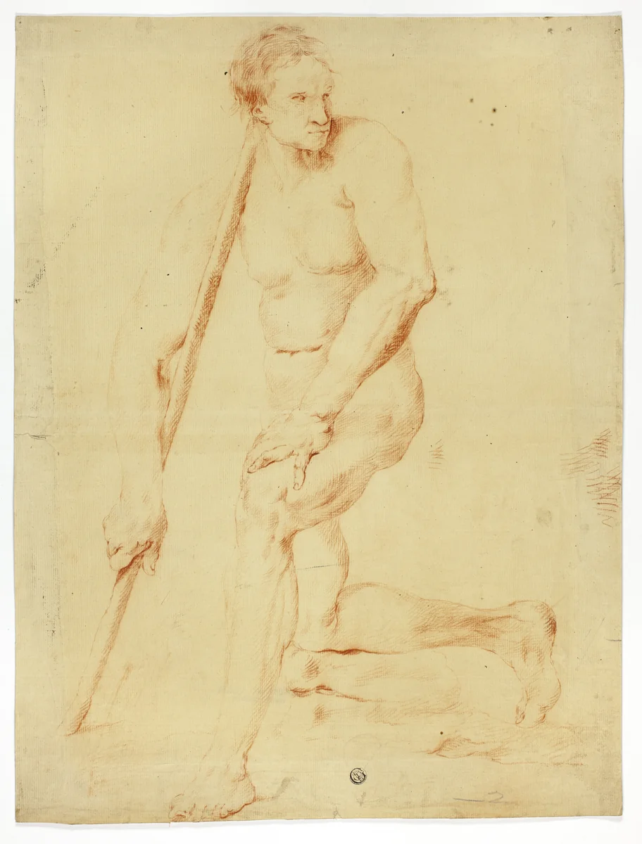 Academic Male Nude Leaning on Staff by Pompeo Girolamo Batoni, drawing, 1728-1787