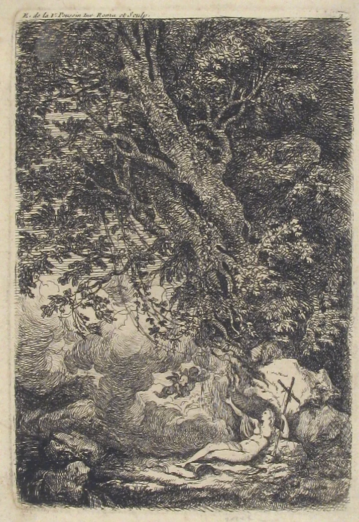 Female Saint in a Landscape by Etienne de Lavallée-Poussin, print, 1745-1793