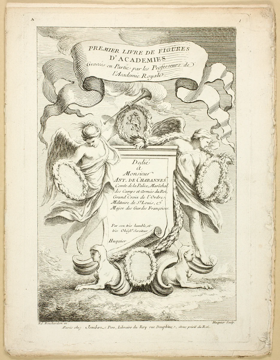 Page 1 (Title Page) and Page 28, from Premier Livre de Figures d’Académies Gravées en Partie par les Professeurs de l’Académie Royale by Gabriel Huquier, print, 1737