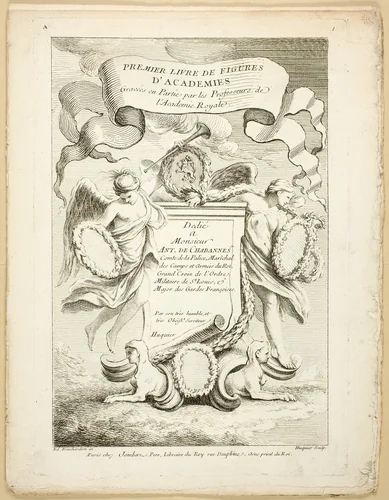 Page 1 (Title Page) and Page 28, from Premier Livre de Figures d’Académies Gravées en Partie par les Professeurs de l’Académie Royale by Gabriel Huquier, print, 1737