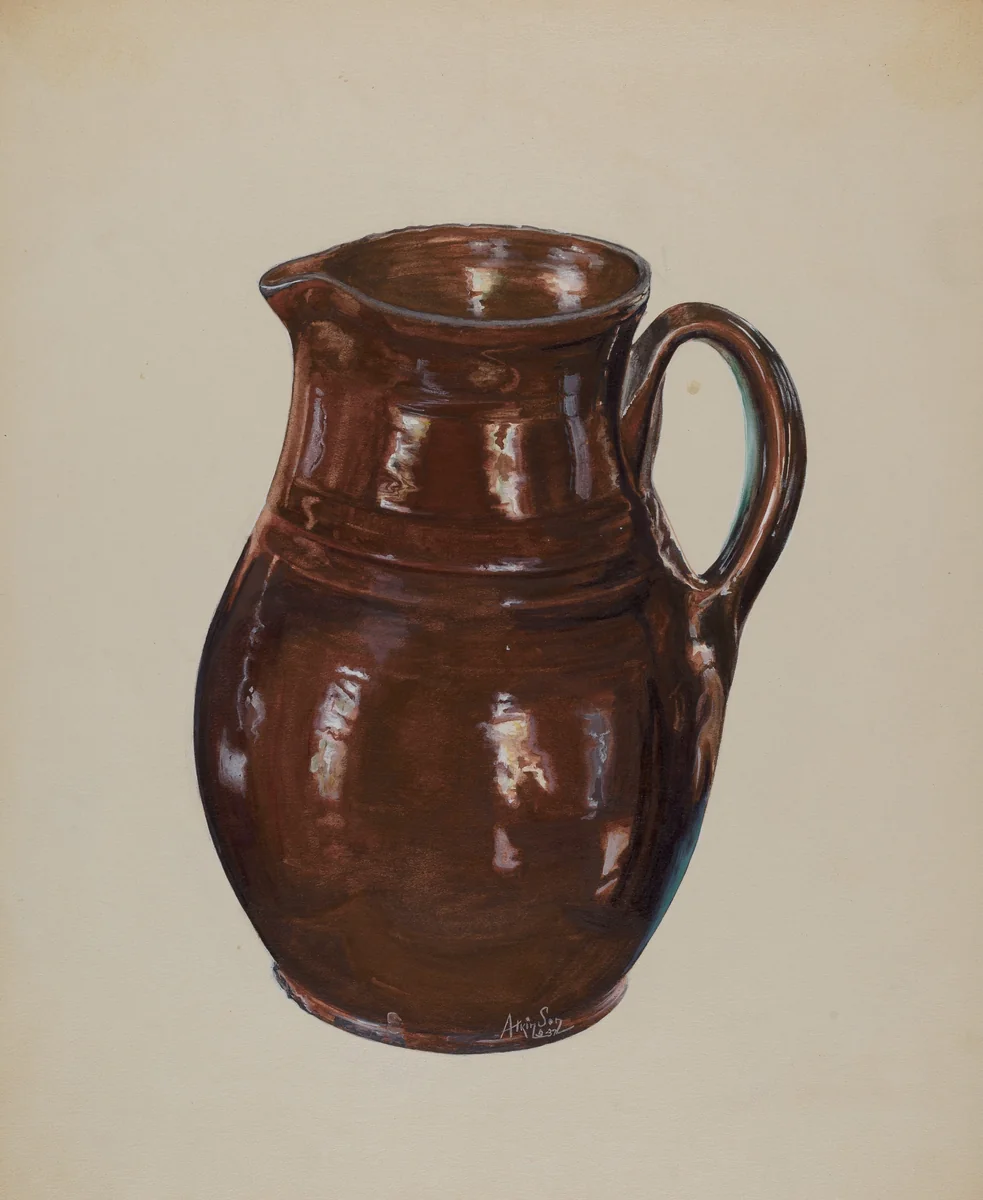 Economy Redware Pitcher by Ralph Atkinson, index of american design, 1937
