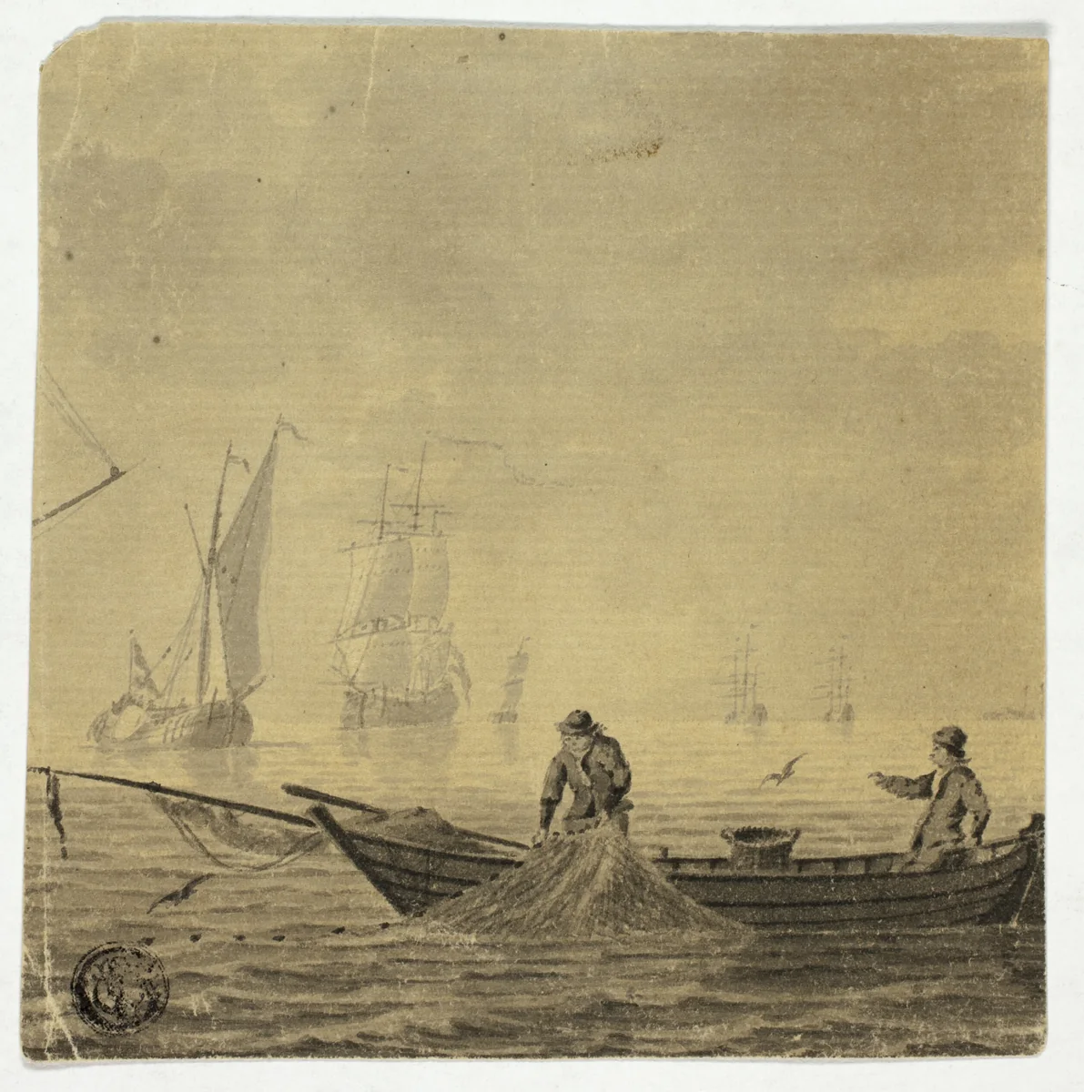 Fishermen Pulling in Net on a Boat by Cornelis Ouboter van der Grient, drawing, 1719-1783