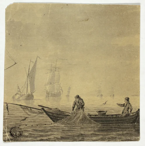 Fishermen Pulling in Net on a Boat by Cornelis Ouboter van der Grient, drawing, 1719-1783