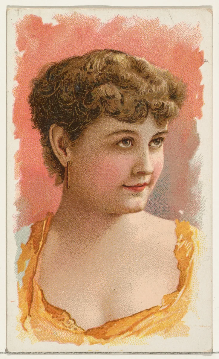 Actress wearing yellow bodice, from Stars of the Stage, First Series (N129) issued by W. Duke, Sons & Co. to promote Honest Long Cut Tobacco by W. Duke, Sons & Co., print, 1890