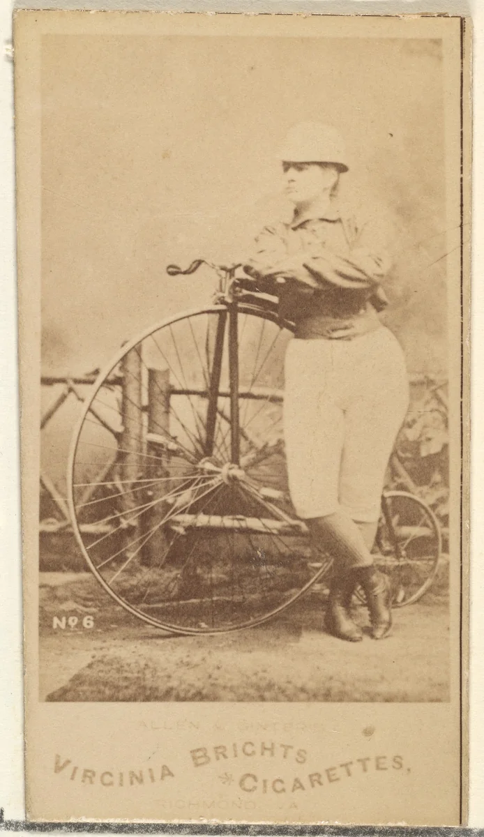 Card 6, from the Girl Cyclists series (N49) for Virginia Brights Cigarettes by Allen & Ginter, photograph, 1887