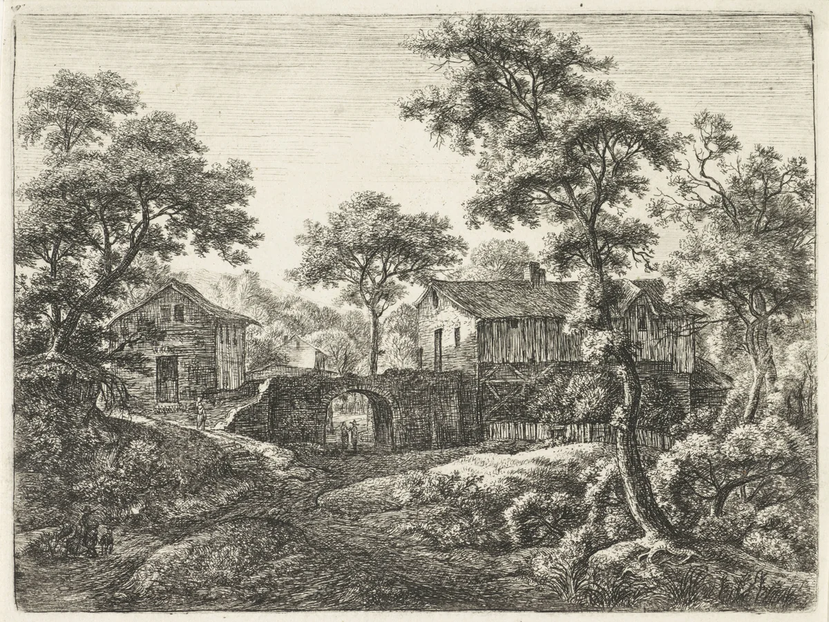 Toegangspoort van een dorp by Anthonie Waterloo, print, 1630-1663