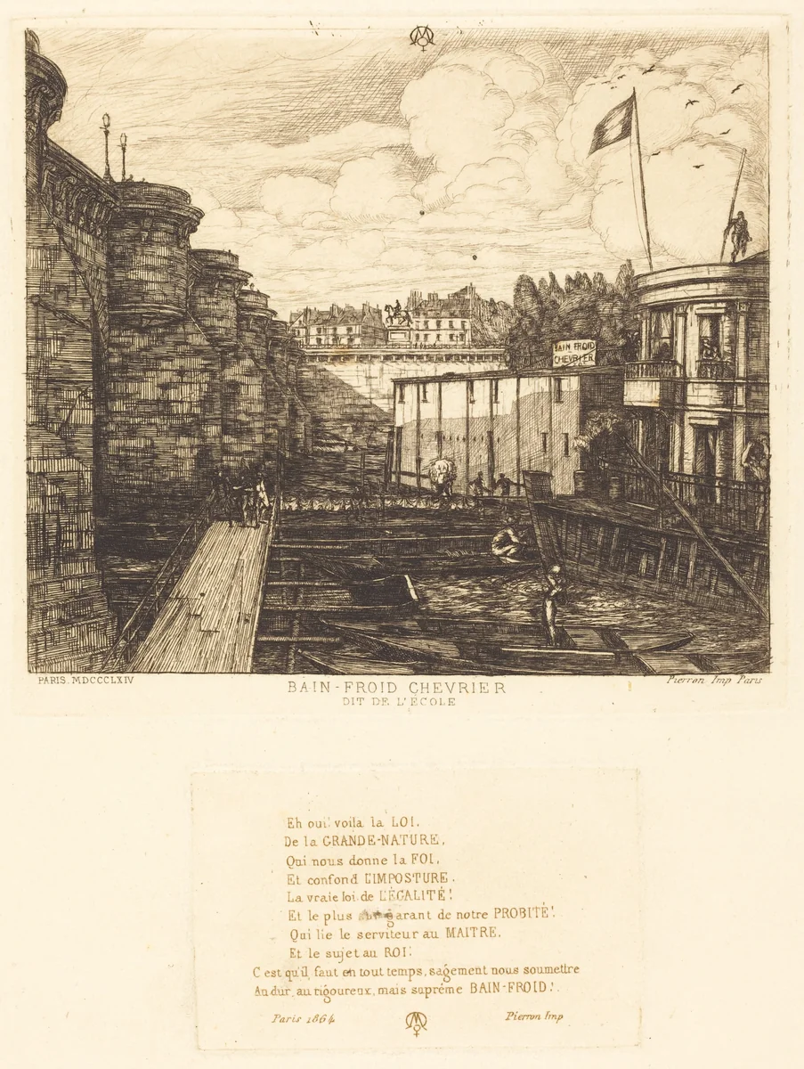 Bain-froid chevrier, dit "de l'École" (Chevrier's Cold-Bath Establishment, Sometimes called the "School-Baths") by Charles Meryon, print, 1864