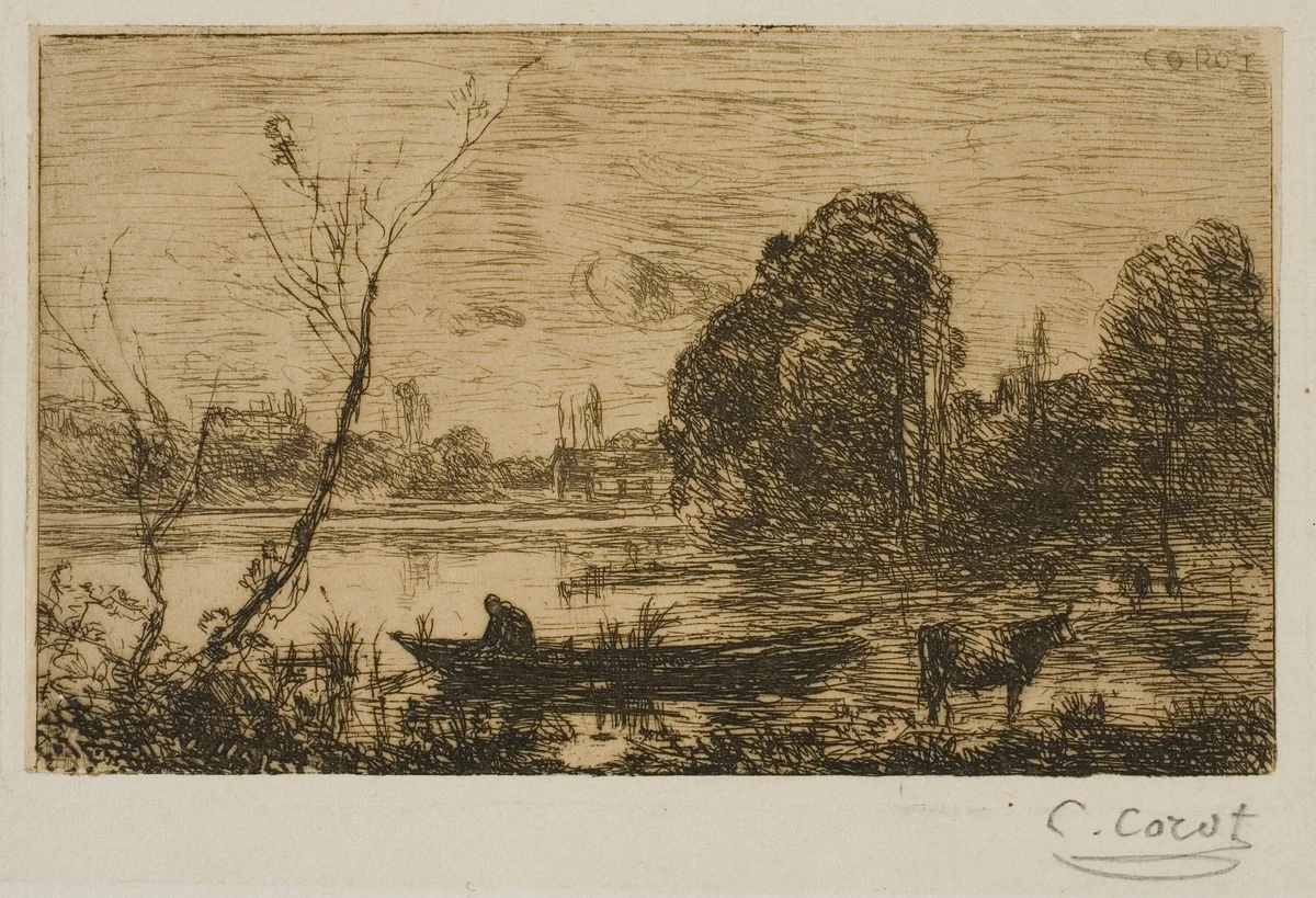 Ville d'Avray: Pond with Boatman, Evening by Jean-Baptiste-Camille Corot, print, 1862-1863