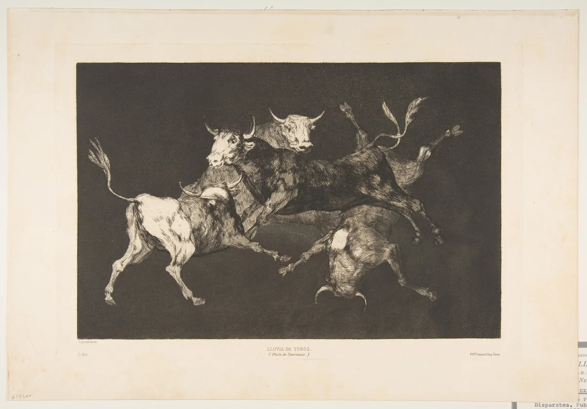 Little Bulls' Folly, from "The Disparates" (Disparates, Plate D) by Goya, print, 1810-1820