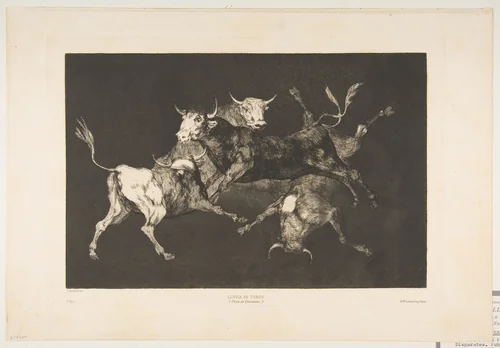 Little Bulls' Folly, from "The Disparates" (Disparates, Plate D) by Goya, print, 1810-1820