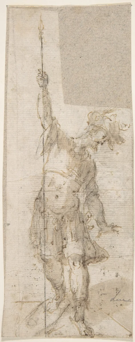 Standing Soldier with a Spear by anonymous, drawing, 1600-1700