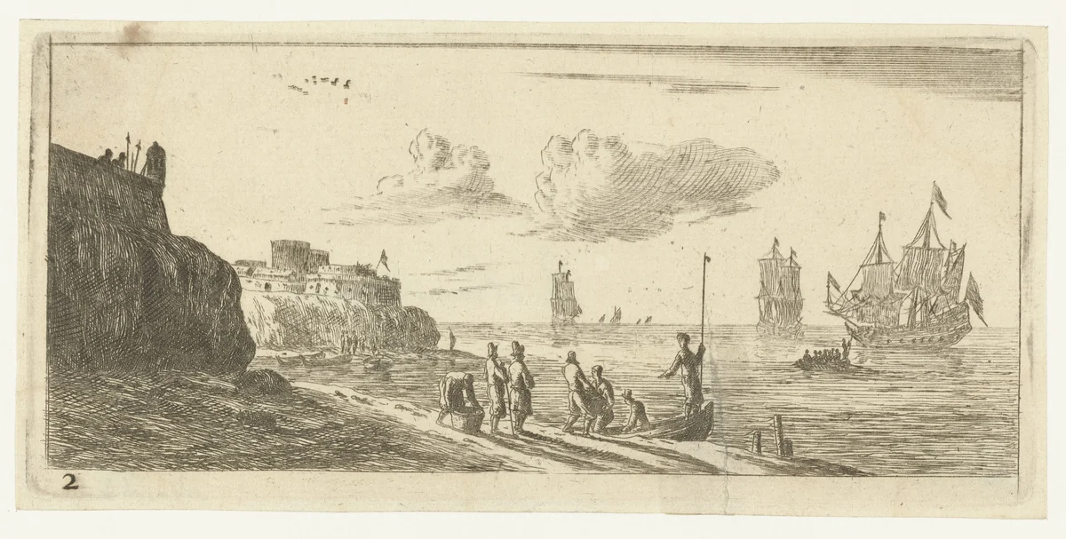 Zeegezicht met een vesting by Reinier Nooms, print, 1651-1652