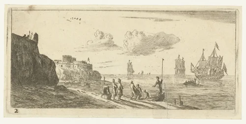 Zeegezicht met een vesting by Reinier Nooms, print, 1651-1652