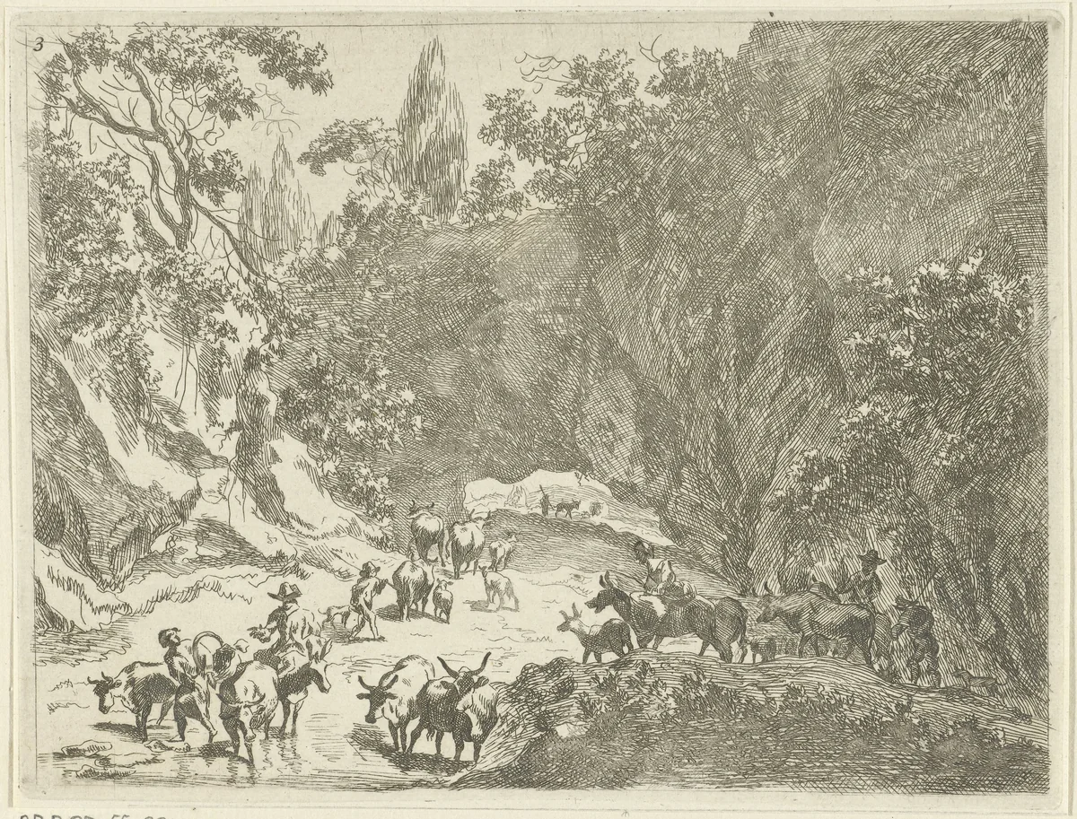 Berglandschap met herders en vee by Johannes Gronsveld, print, 1679-1728