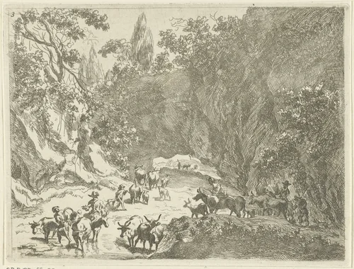 Berglandschap met herders en vee by Johannes Gronsveld, print, 1679-1728