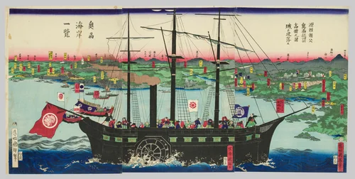 Lord Minamoto Yoritomo Captures Takadate Castle in His Conquest of Mutsu Province (Minamoto Yoritomo ko Oshu seibatsu Takadachi no shojo o koraku su), and View of the Coast of Mutsu Province (Oshu kaigan ichiran) by Utagawa Kuniteru II, print, 1868