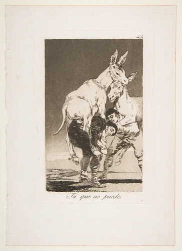 Plate 42 from "Los Caprichos": Thou who canst not (Tu que no puedes) by Goya, print, 1799