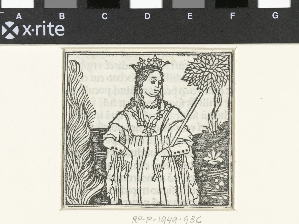 Vrouw met scepter en kroon by anonymous, print, 1480-1499