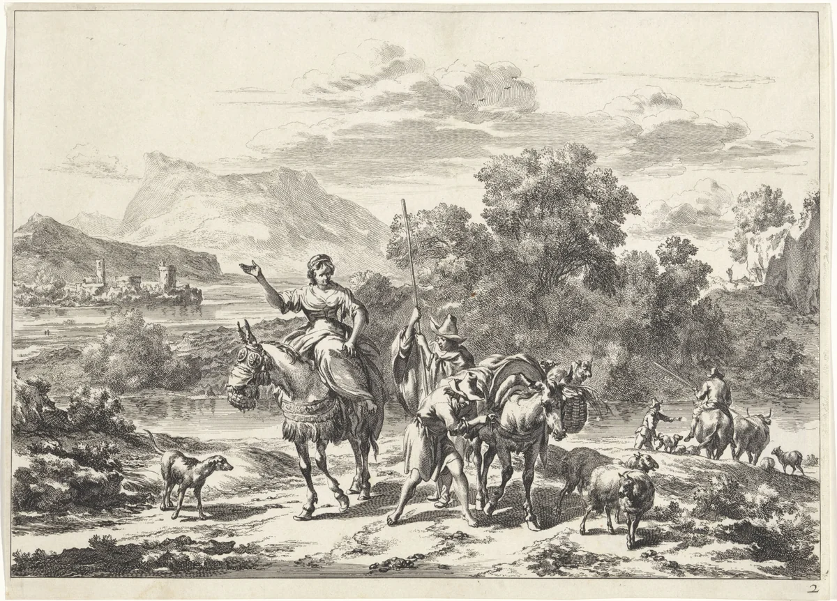 Herders en een jonge vrouw op een ezel by Jan de Visscher, print, 1670