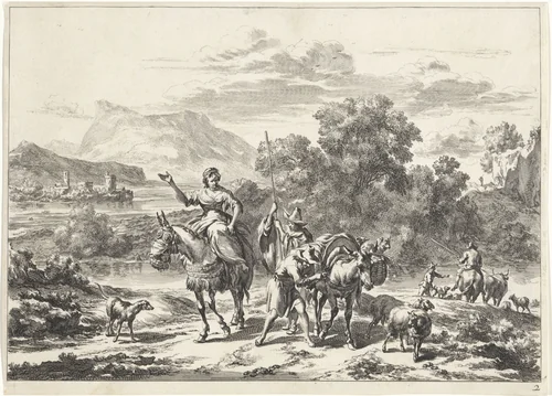 Herders en een jonge vrouw op een ezel by Jan de Visscher, print, 1670