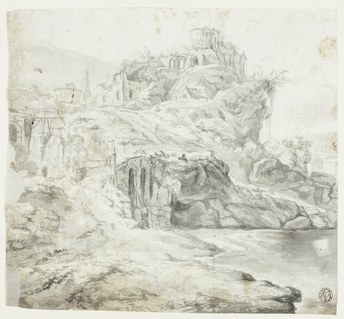 Rocky Promontory with Ruins and Cascades (recto); Sketch of Cliff with Buildings (verso) by Giles Edme Petit, drawing, 1716-1760