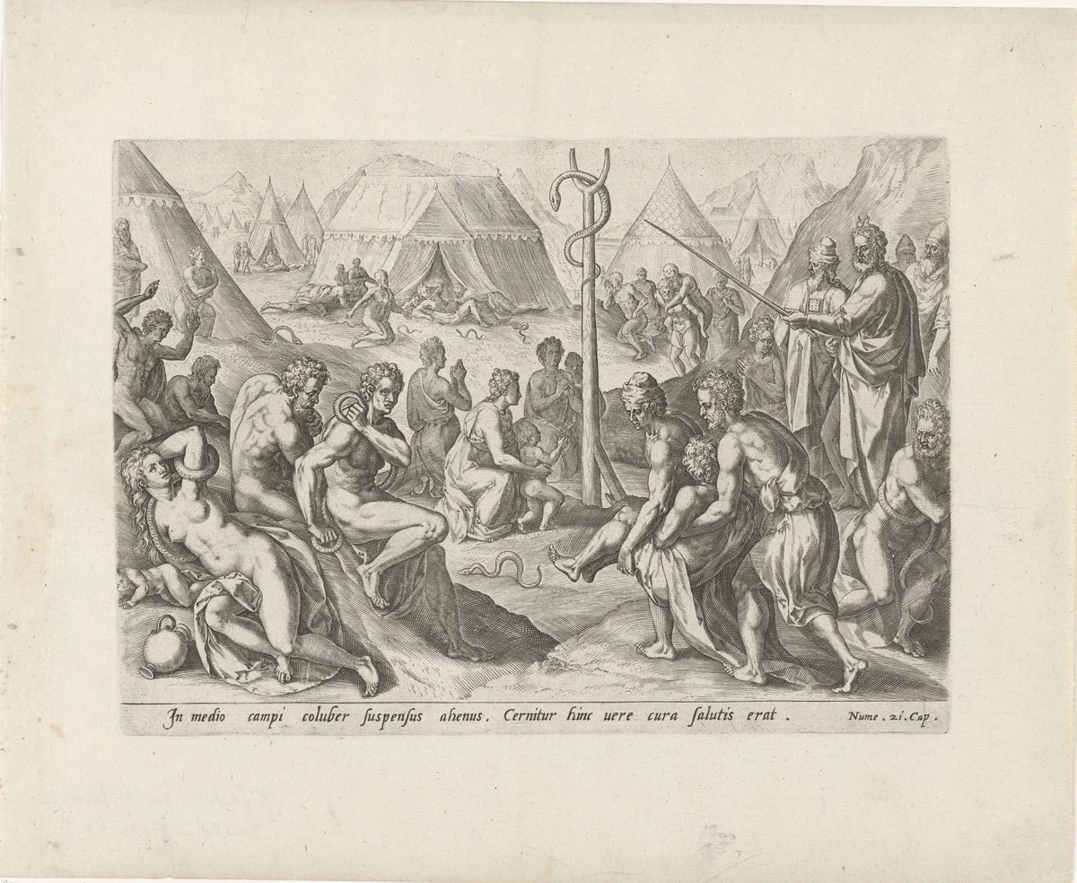 Oprichting van de koperen slang by Johann Sadeler, print, 1579