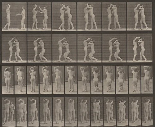 Plate Number 445. Woman drinking from the water jar on the shoulder of another woman by Eadweard Muybridge, photograph, 1887