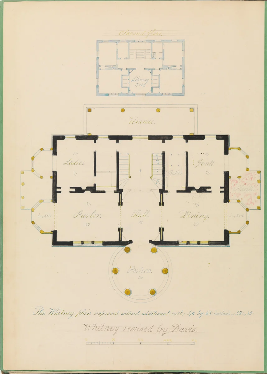 House for Henry Whitney, New Haven, Connecticut (revised plan) by Alexander Jackson Davis, drawing, 1831-1841