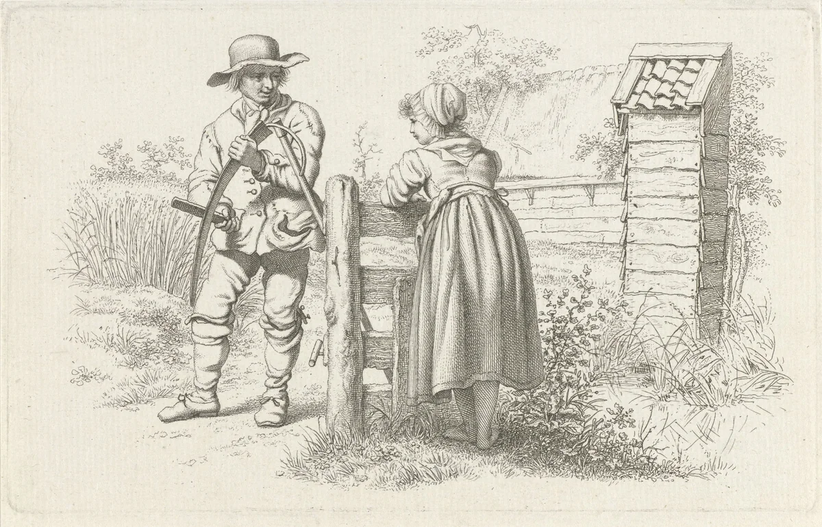 Maaier in gesprek met een meisje by Jacob Ernst Marcus, print, 1812