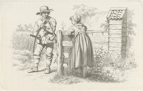 Maaier in gesprek met een meisje by Jacob Ernst Marcus, print, 1812