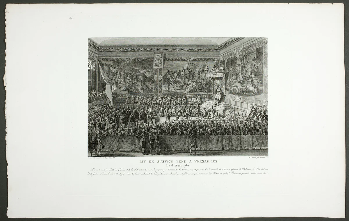 Seat of Justice Held at Versailles (Lit de Justice tenu à Versailles), from the series Tableaux historiques de la révolution française by Marie-Alexandre Duparc, print, 1798-1804
