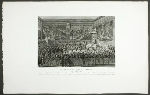Seat of Justice Held at Versailles (Lit de Justice tenu à Versailles), from the series Tableaux historiques de la révolution française by Marie-Alexandre Duparc, print, 1798-1804