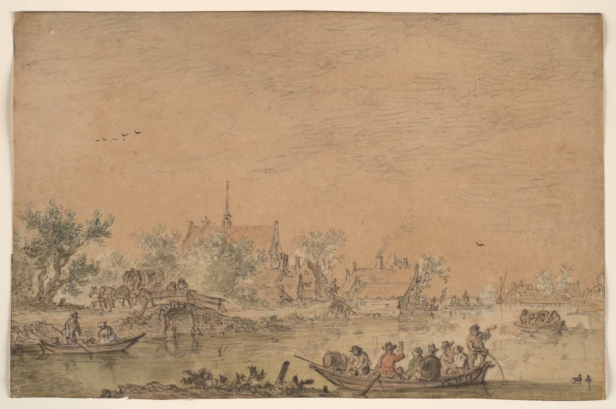 Boating Party on a River by Jan van Goyen, drawing, 1651
