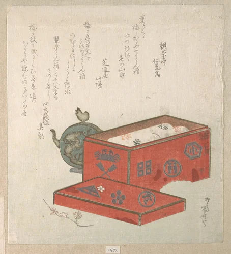 Red Lacquer Box and Water-Pot by Ryūryūkyo Shinsai (柳々居辰斎), print, 1800-1899