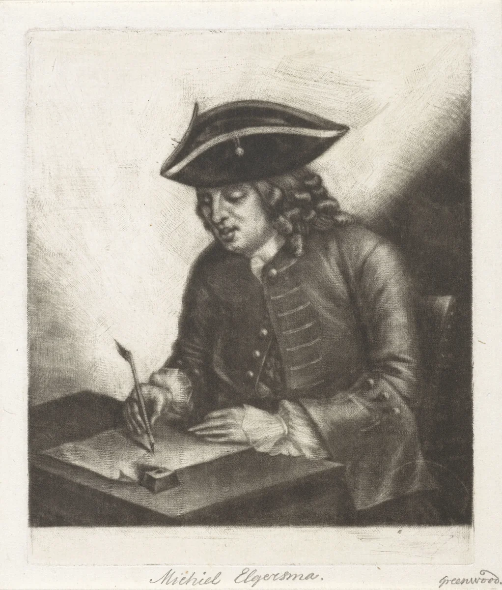 Portret van een schrijvende man aan een bureau, mogelijk Pieter Louw by John Greenwood, print, 1758