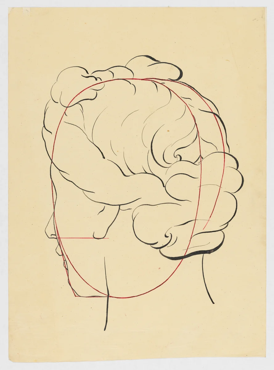 Schematic female head, seen from behind by anonymous, drawing, 1750-1850