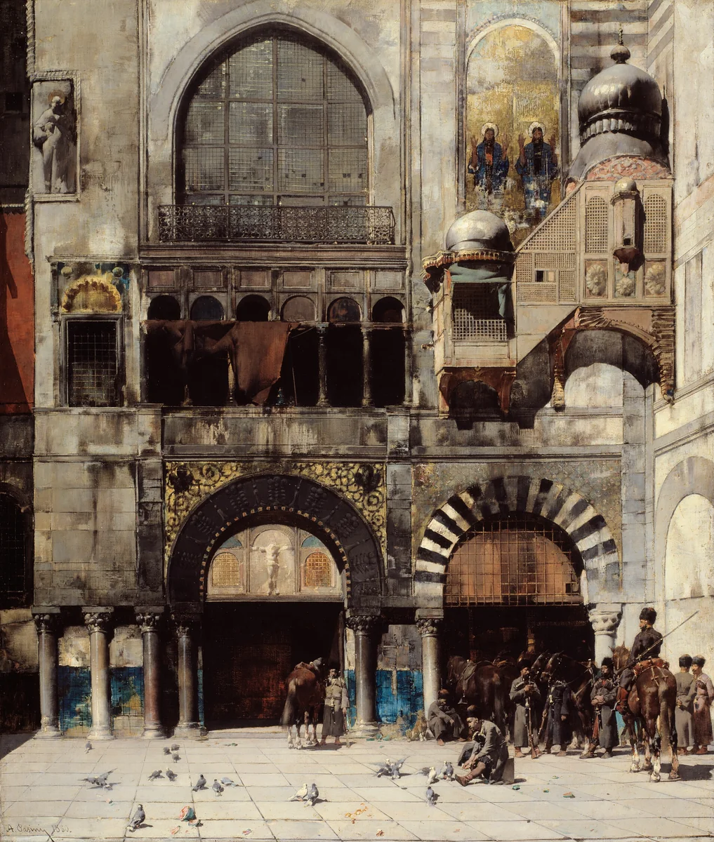 Circassian Cavalry Awaiting their Commanding Officer at the Door of a Byzantine Monument; Memory of the Orient by Alberto Pasini, painting, 1880