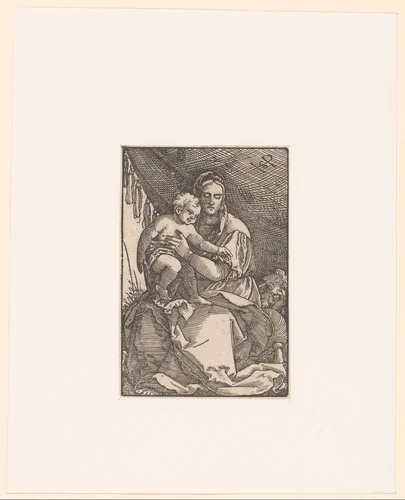 Heilige familie zittend onder een doek by anonymous, print, 1510-1550