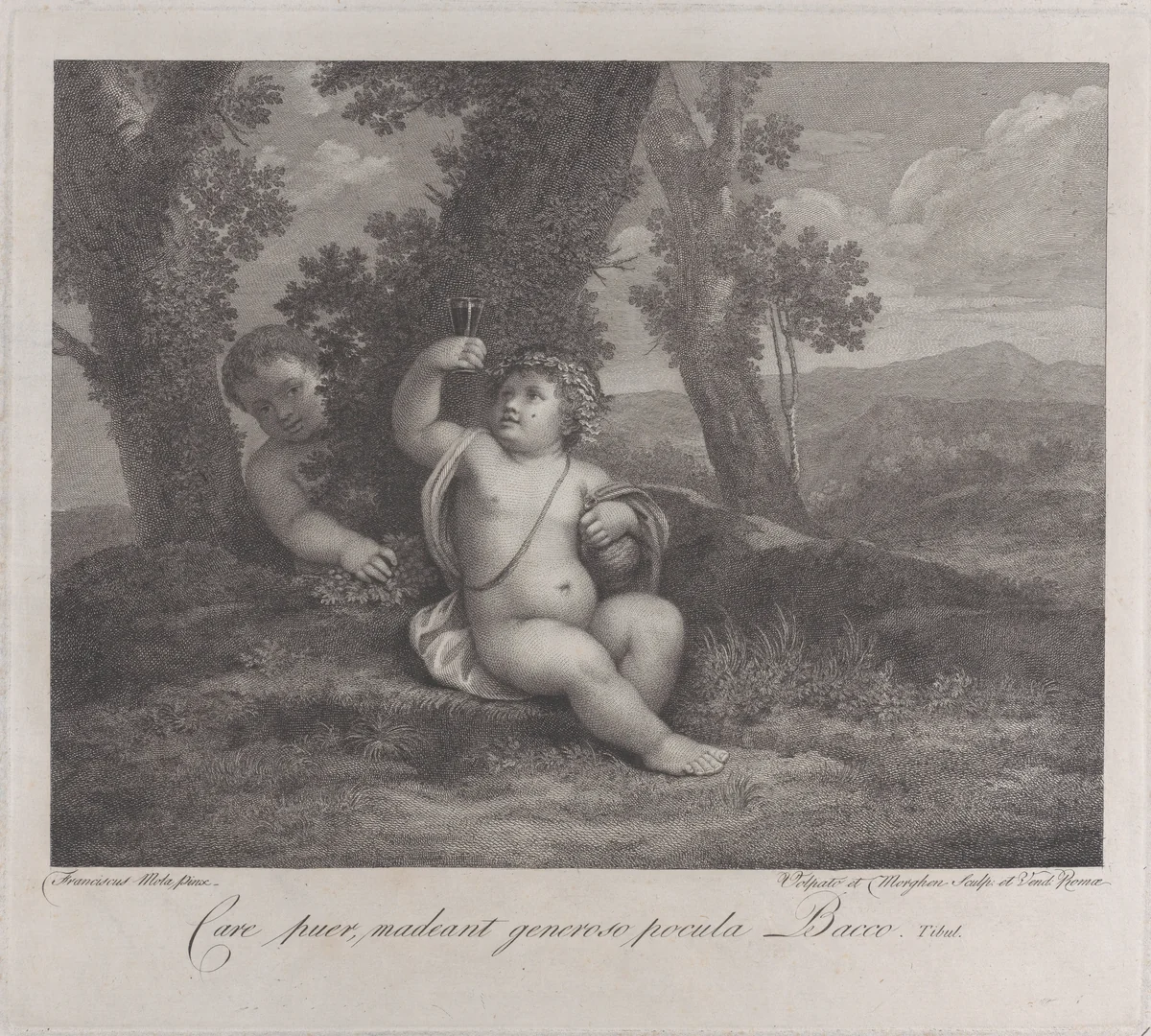 The infant Bacchus seated under a tree, holding up a wine glass, with another infant behind him at left by Raphael Morghen, print, 1780