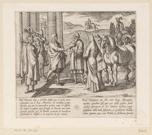Ruy Velazquez vraagt Gonzalo Gustos een brief af te leveren bij koning Almanzor van Cordoba by Antonio Tempesta, print, 1612