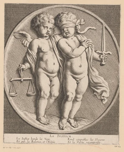 Twee putti met attributen van Justitia by Louis Ferdinand I Elle, print, 1654