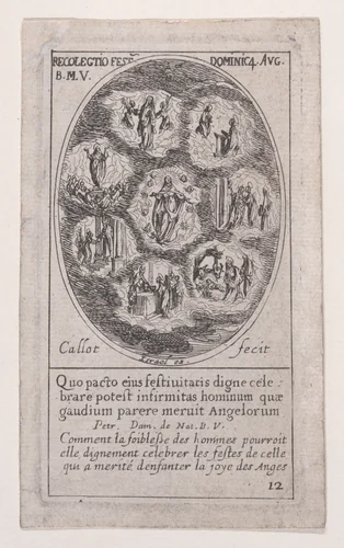 Réunion des fêtes de la Sainte Vierge (Collection of the Feasts Dedicated to the Virgin): The Immaculate Conception, The Visitation, The Birth of Christ, The Presentation at the Temple, The Purification, The Assumption, and the Reception of the Virgin in Heaven, scene 12 from Images des Fêtes Mobiles (Images of Moveable Feasts from the Christian Calendar), part of the series "Les Images De Tous Les Saincts et Saintes de L'Année" (Images of All of the Saints and Religious Events of the Year) by Jacques Callot, print, 1627-1637