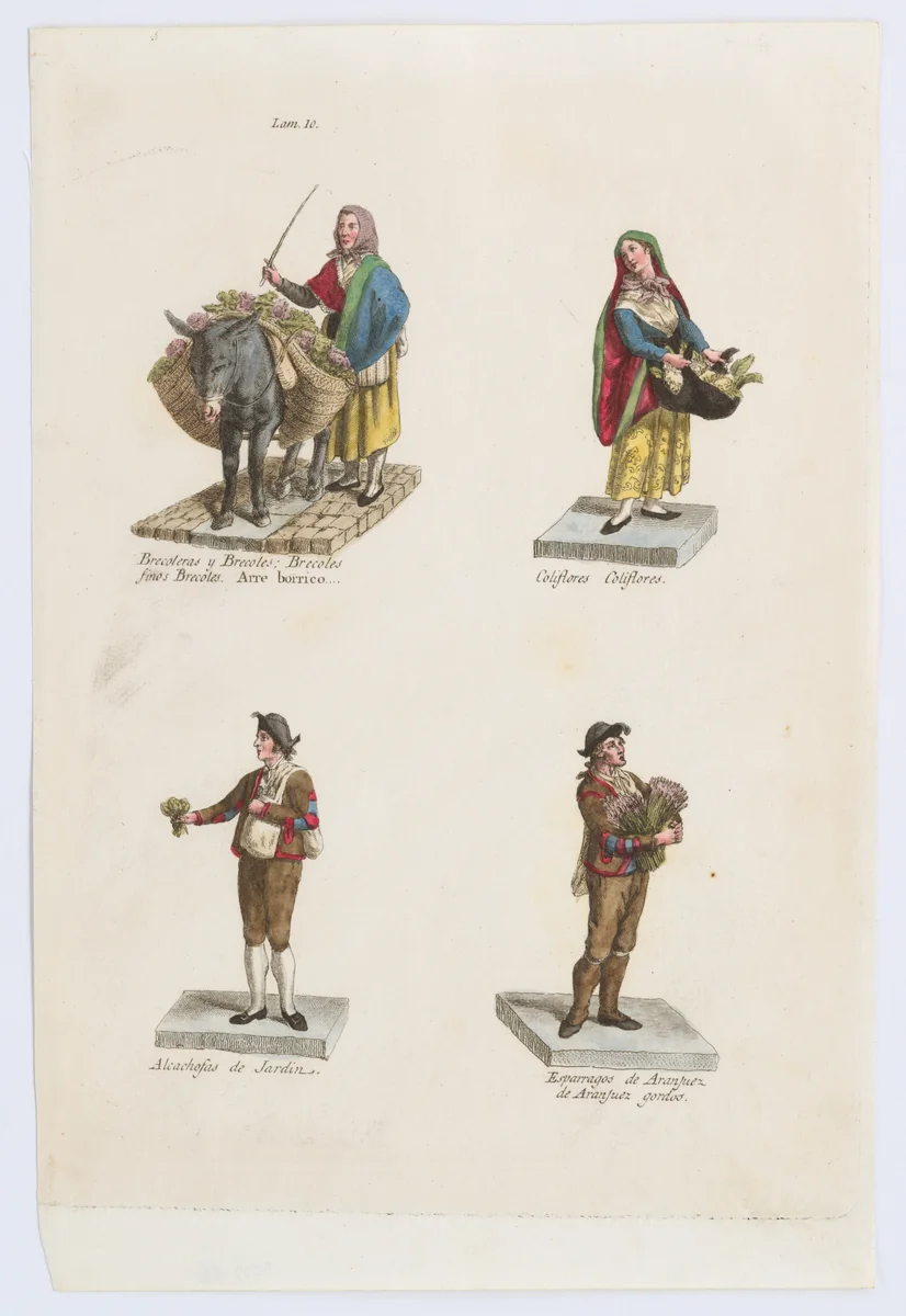 Plate 10: four street vendors from Madrid selling broccoli, cauliflower, artichokes, and asparagus, from 'Los Gritos de Madrid' (The Cries of Madrid) by Miguel Gamborino, print, 1809-1817