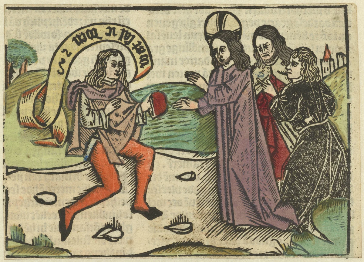 Christus en de rijke jongeman by Unknown, print, 1485-1491