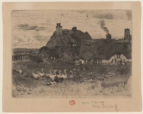 Les Petites Chaumieres (Thatched Cottages -- Small Plate) by Félix-Hilaire Buhot, print, 1878