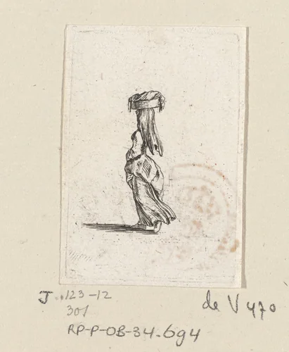 Vrouw met mand op haar hoofd, op de rug gezien by Stefano della Bella, print, 1620-1664
