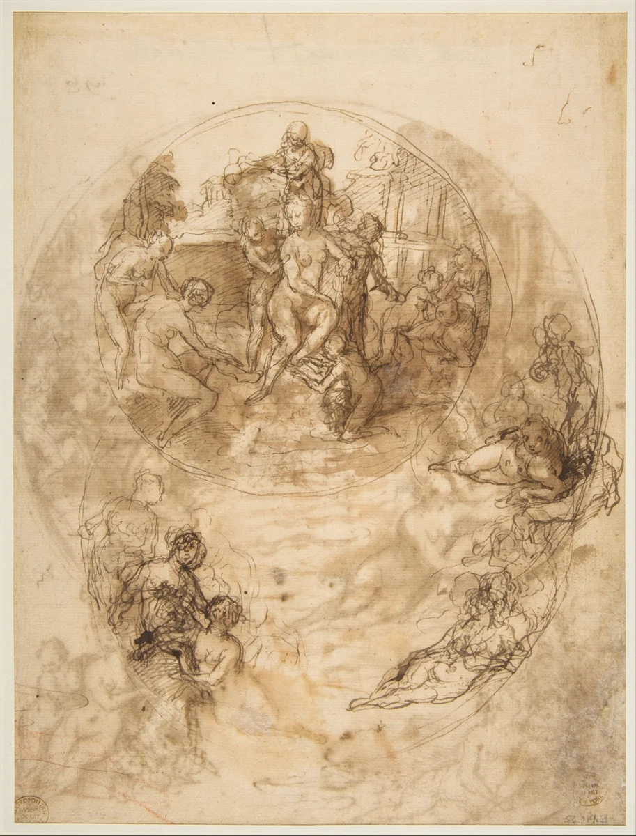 Studies for a Circular Composition of Diana and Her Nymphs Bathing (recto); Studies for the Same Composition (verso) by Taddeo Zuccaro, drawing, 1529-1566