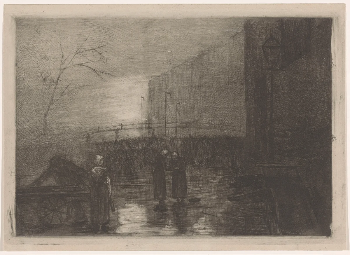 Stadsgezicht bij nevelachtig weer by Simon Moulijn, print, 1886